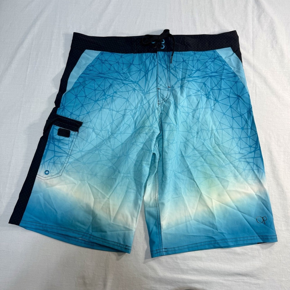 Op 4-Way Stretch OpFlex Board Surf Shorts Mens 34 Blue Graphic Inseam 11.5"
